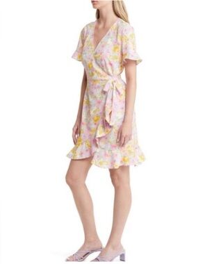 NWOT - Vero Moda Pink and Yellow Floral Wrap Dress -Size M